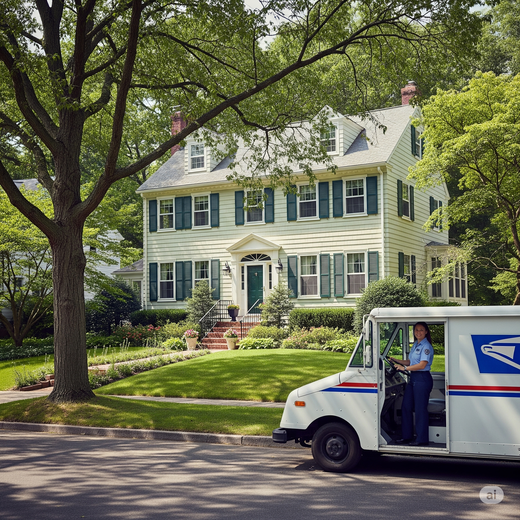Mail truck in front of a house