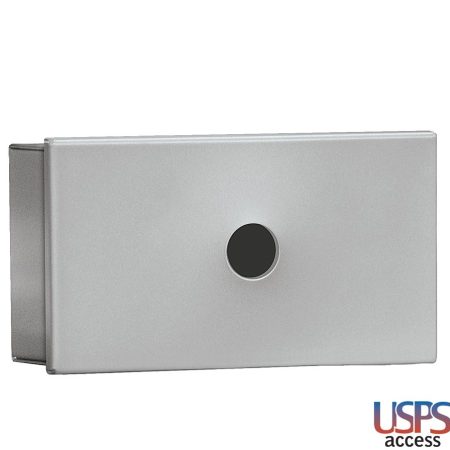 Silver metal mailbox with a black circular lock, USPS access logo in the corner.