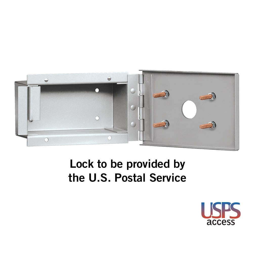 USPS access mailbox lockbox with open door, showing interior and mounting bolts.