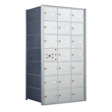 Metallic multi-compartment mailbox unit with 25 individual locked boxes.