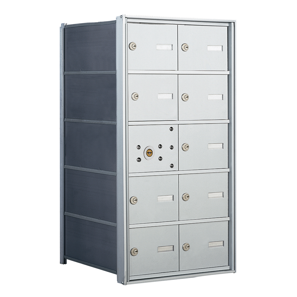 Metal locker cabinet with multiple lockable compartments and a gray finish.