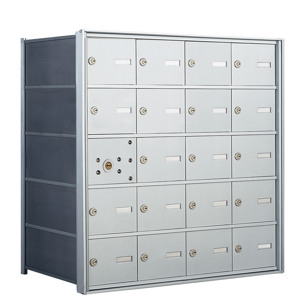 Metallic multi-unit mailbox with 20 compartments and locks, viewed from the front angle.