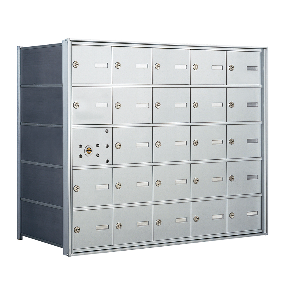 Silver metal mailbox unit with multiple locked compartments and a dark side panel.
