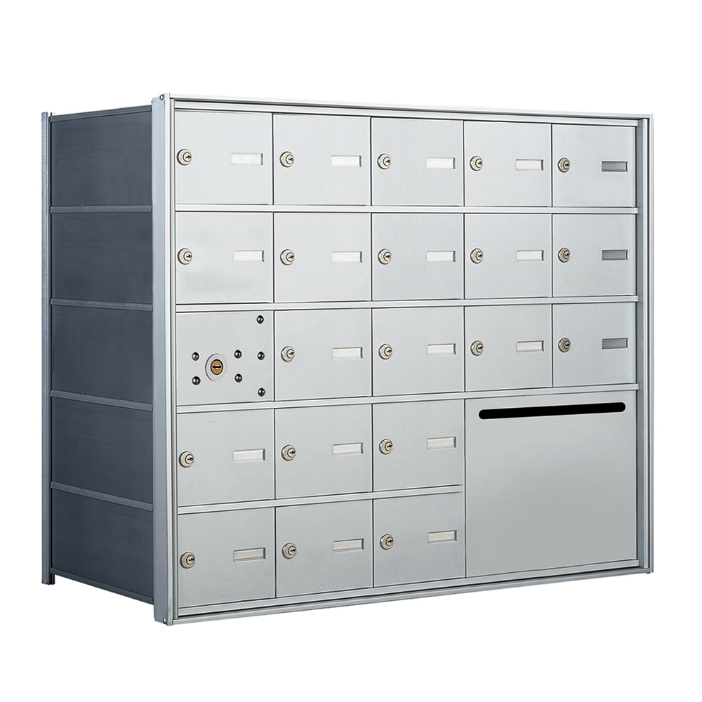 Metallic multi-unit mailbox with 20 compartments and a parcel locker, viewed from the front angle.