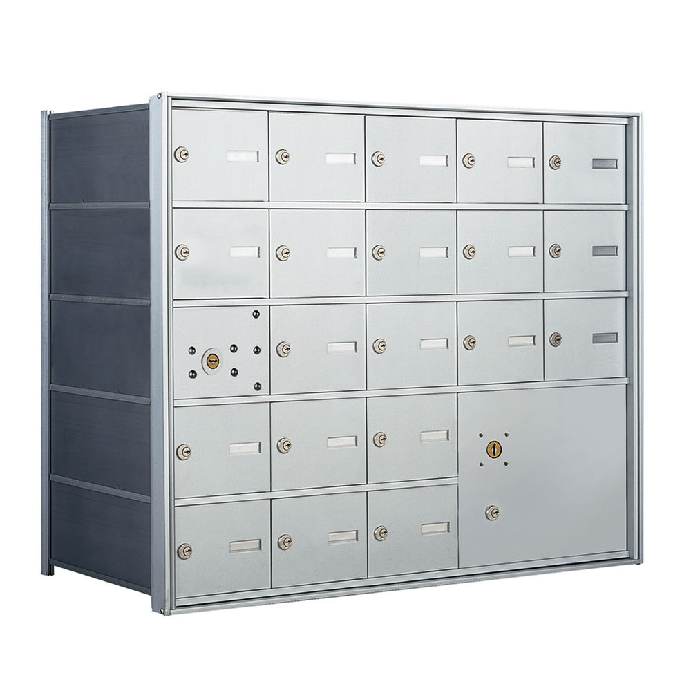 Silver multi-unit mailbox with multiple locked compartments and a large parcel slot.