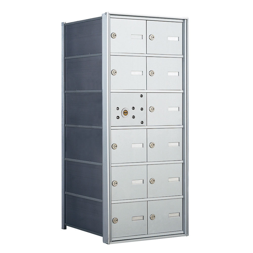 Metallic multi-compartment mailbox unit with locks and label slots, viewed from an angle.