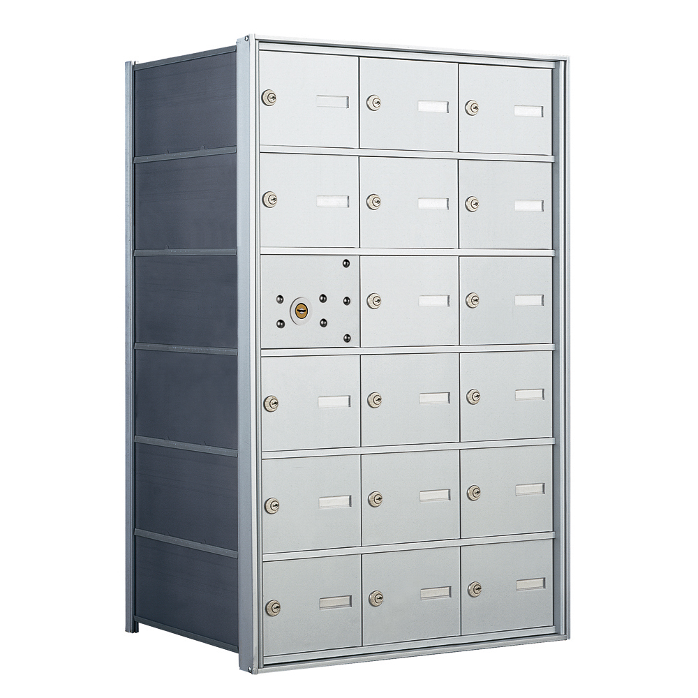 Metallic multi-unit mailbox with 20 compartments and locks, viewed from an angle.