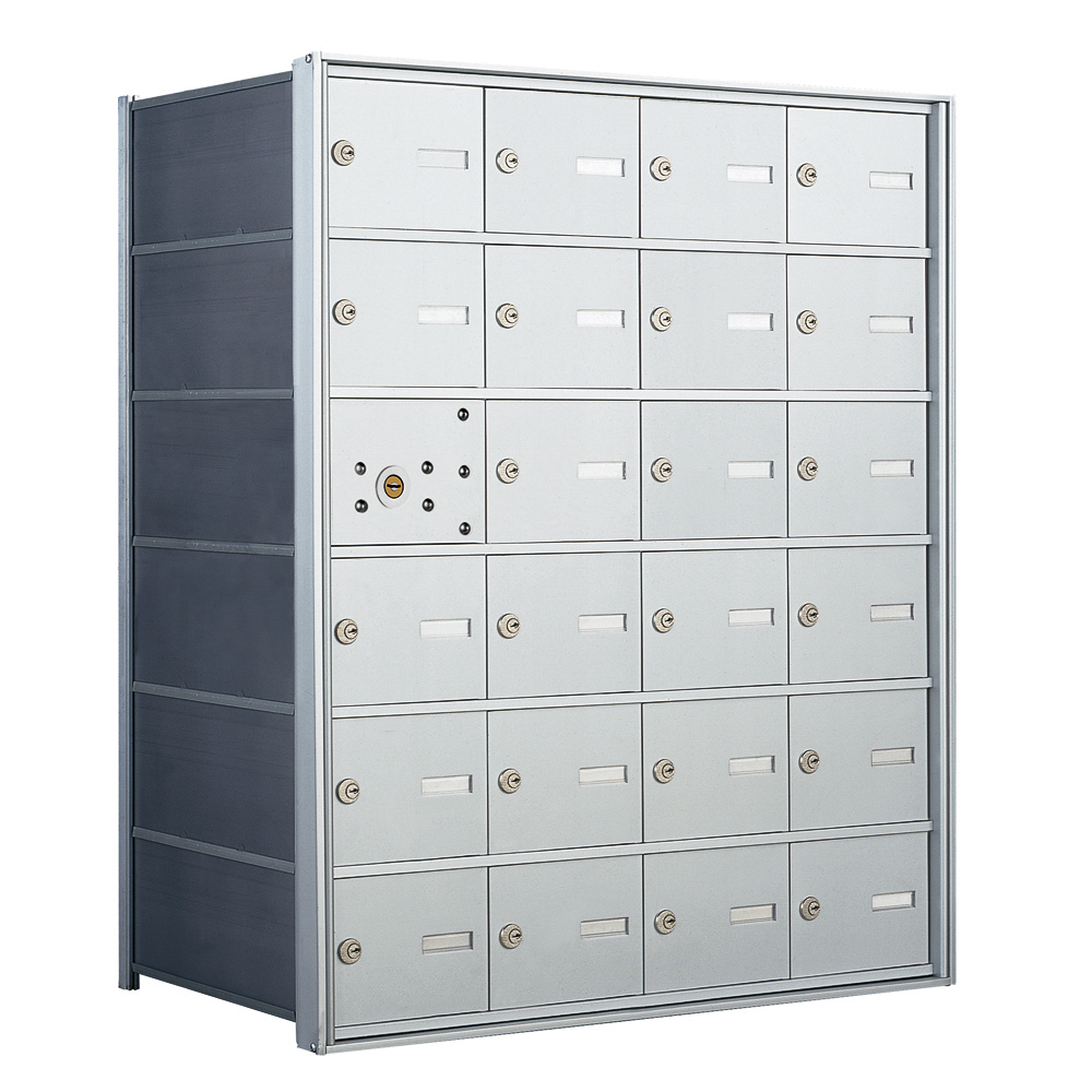 Silver multi-unit mailbox with 30 compartments and key locks, viewed from the front angle.