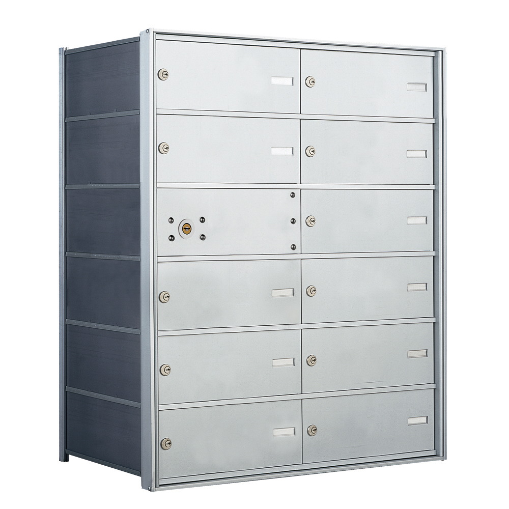 Silver metal mailbox unit with multiple compartments and locks, viewed from the front angle.