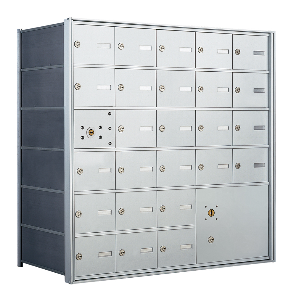 Silver metal mailbox unit with multiple locked compartments and a large parcel locker.