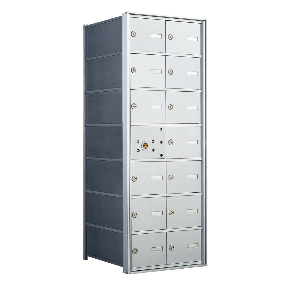 Steel multi-compartment locker with secure locks and a gray finish.
