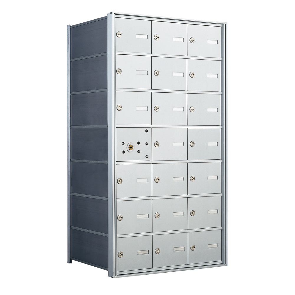 Metallic multi-compartment locker with secure locks and a gray finish.