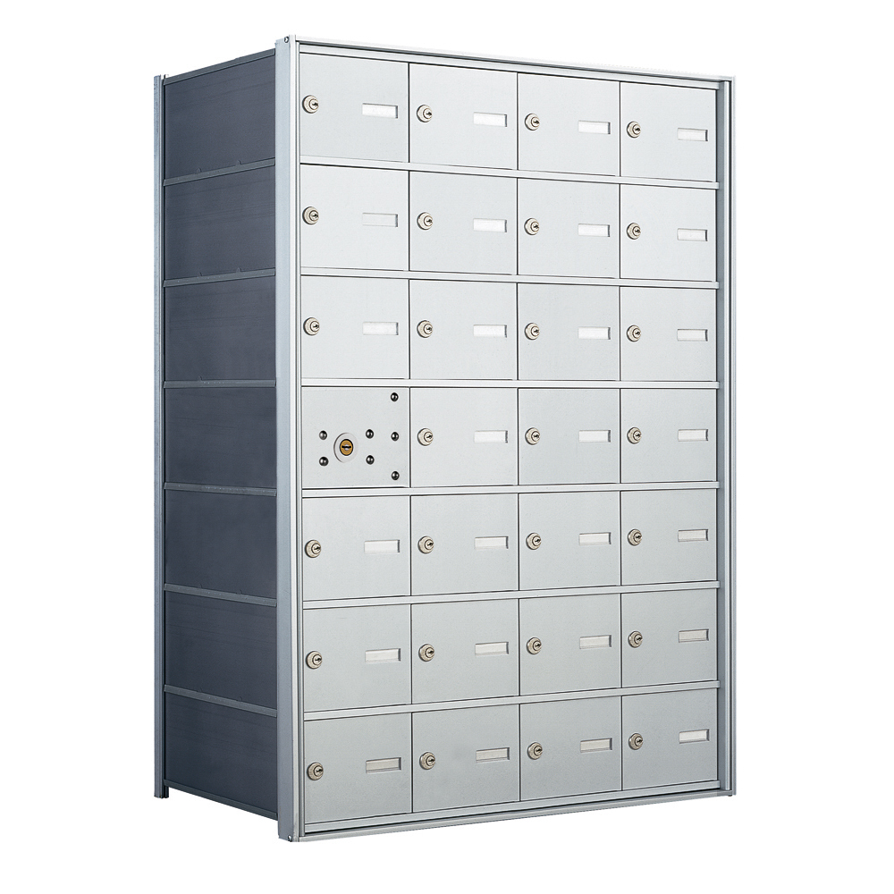 Silver metal mailbox unit with multiple locked compartments and one open slot.