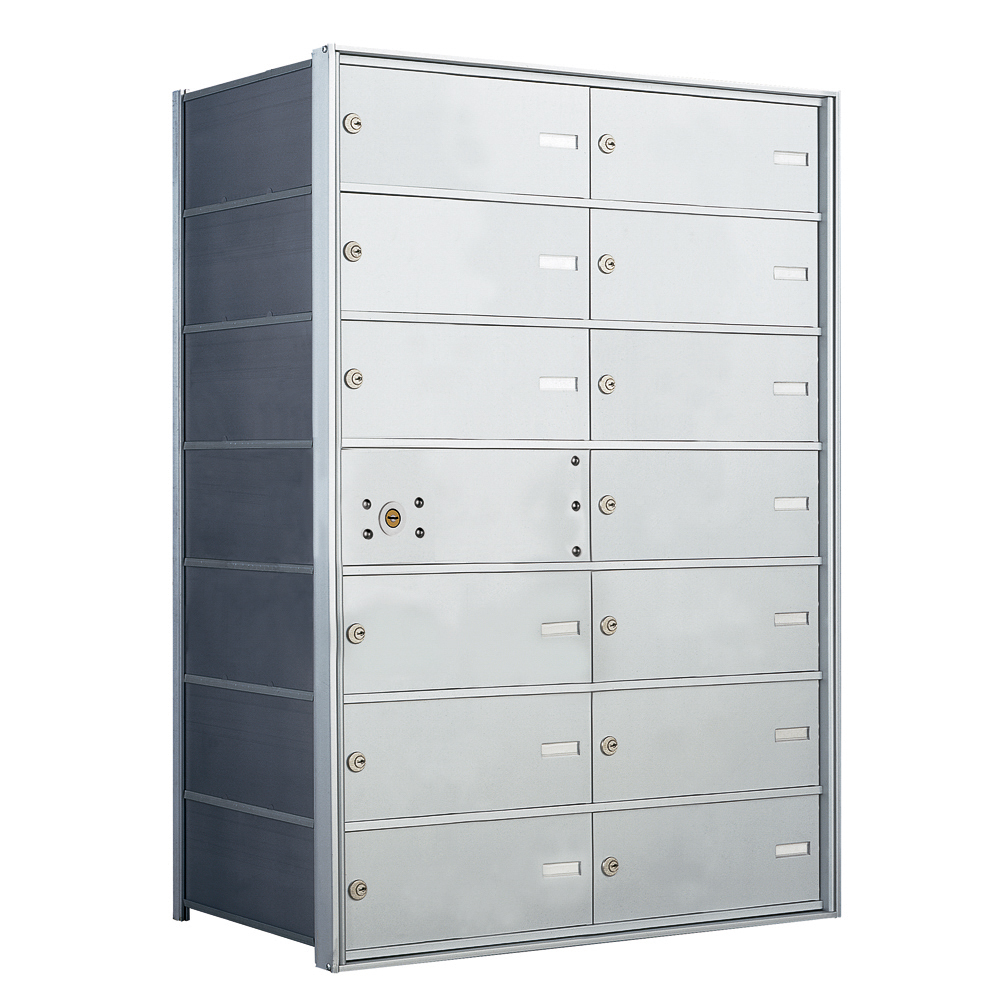 Silver metal mailbox unit with multiple locked compartments and name slots.