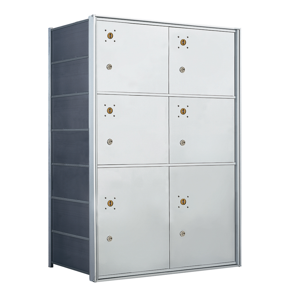Metal storage locker with six compartments and key locks, viewed from the front angle.