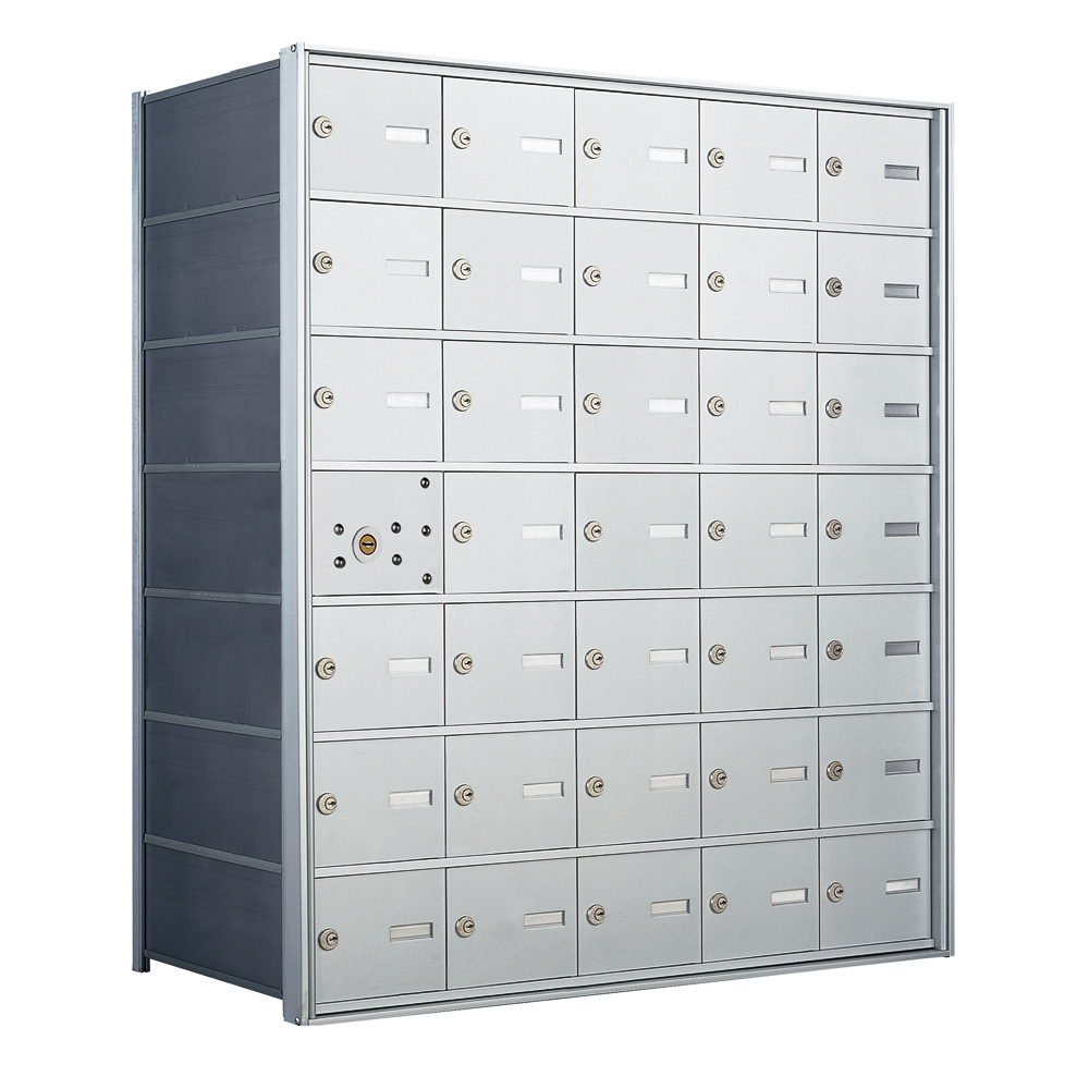 Metallic multi-compartment mailbox unit with lockable doors and mail slots, viewed from the front angle.