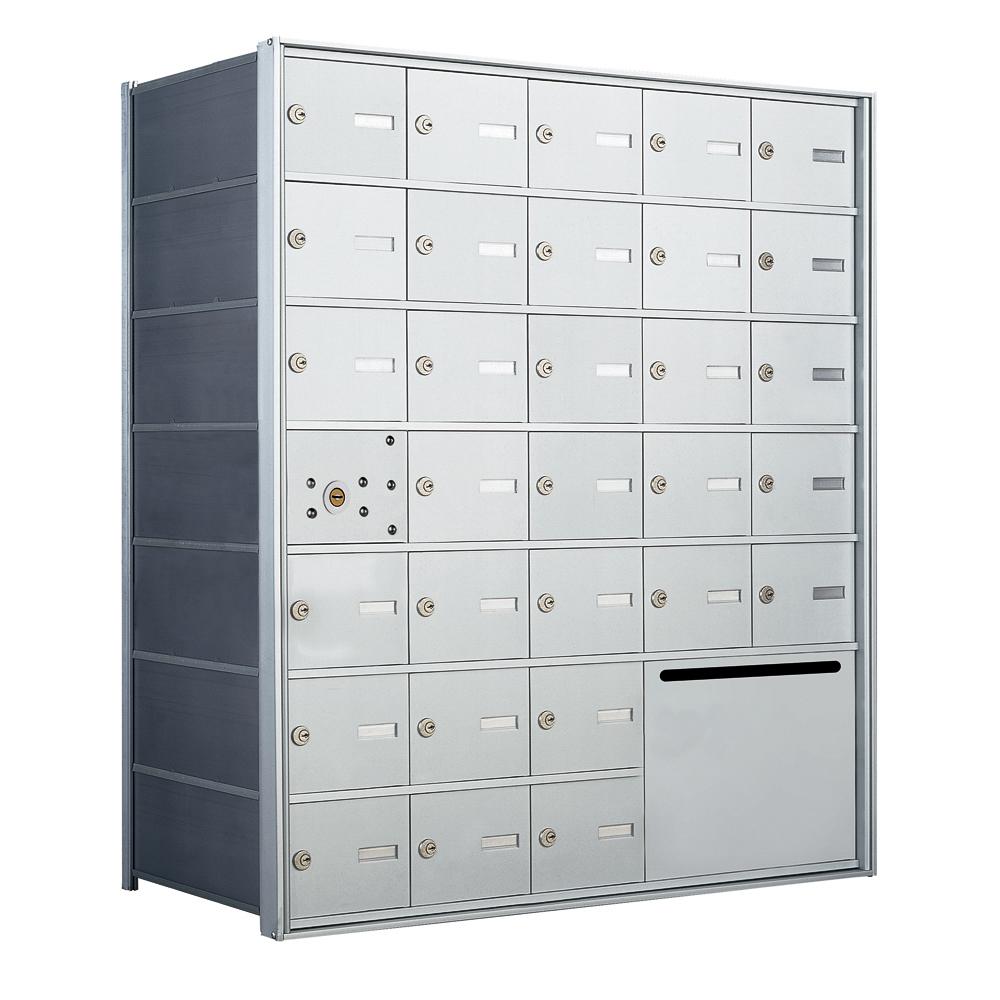 Metallic multi-unit mailbox with multiple compartments and locks.