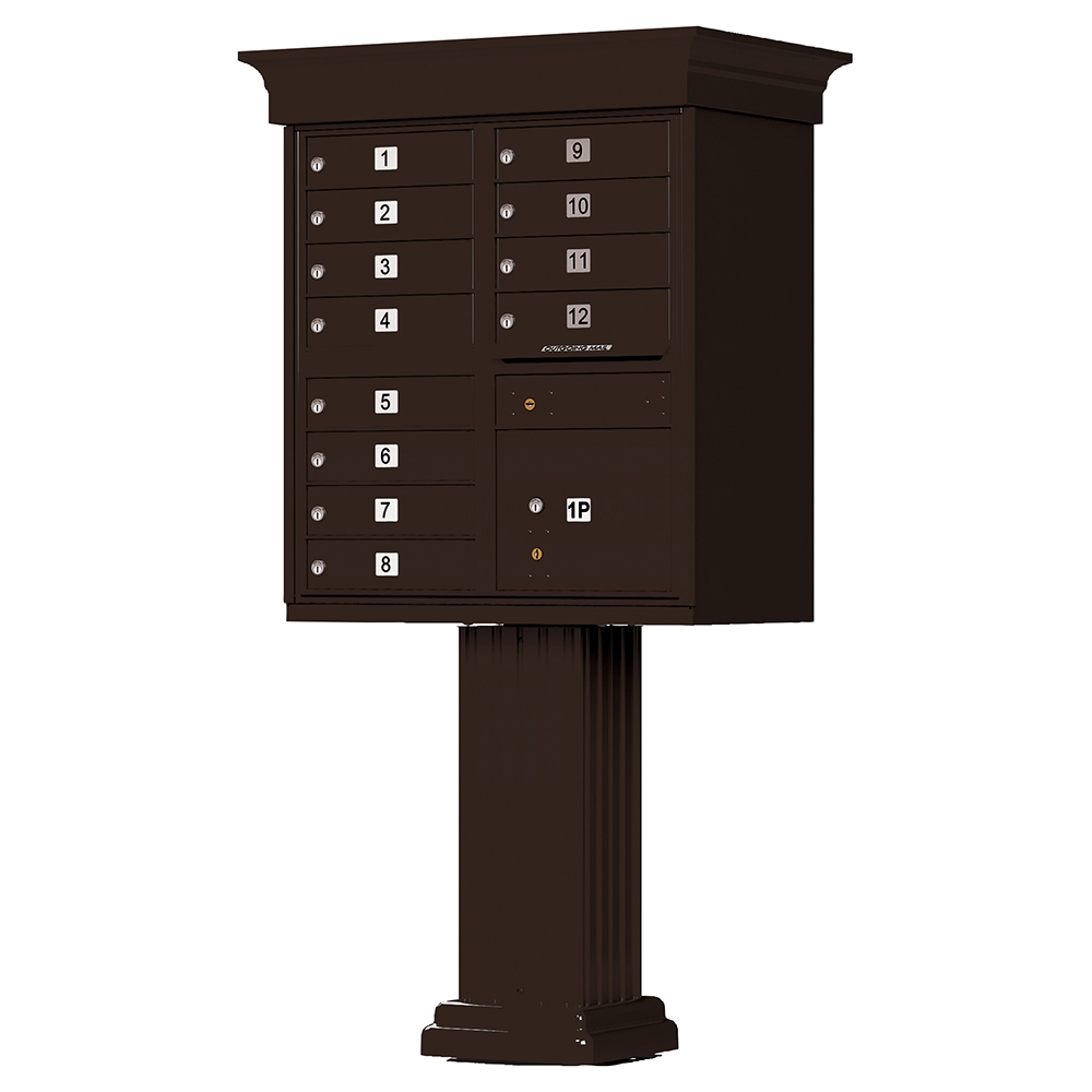 Dark brown multi-unit mailbox on a pedestal with numbered compartments.
