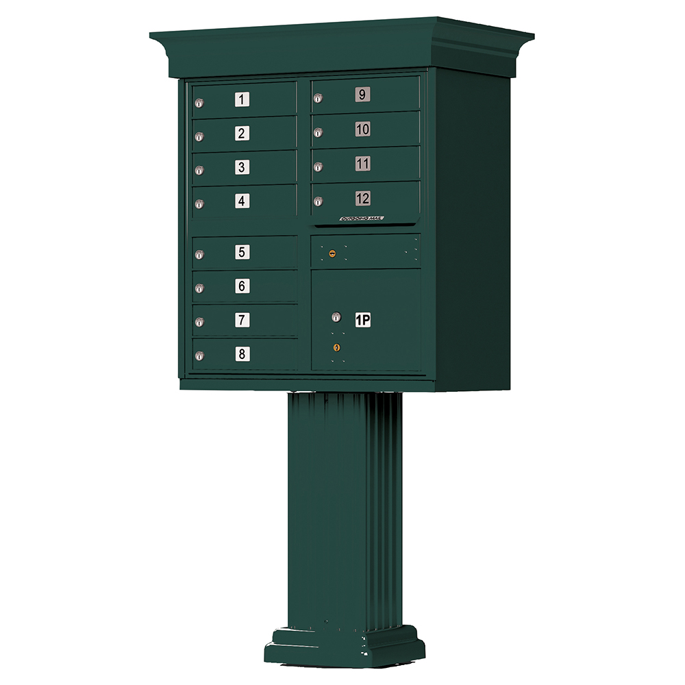 Green pedestal-mounted cluster mailbox with twelve compartments and parcel locker.