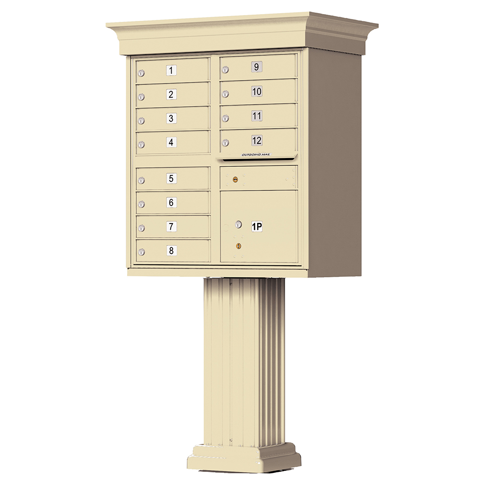 Beige multi-unit mailbox on a pedestal with numbered compartments.