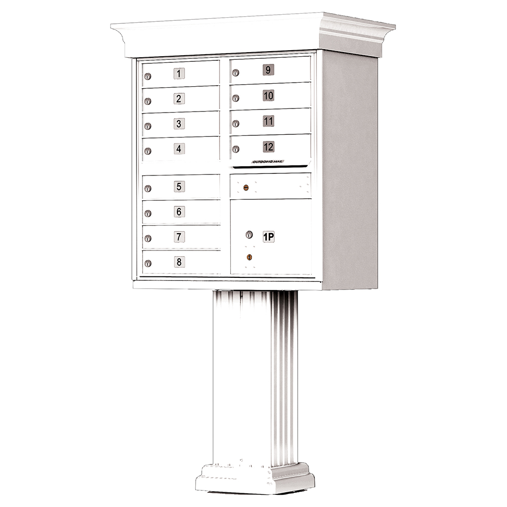 White multi-unit mailbox on a pedestal with numbered compartments and a decorative top.