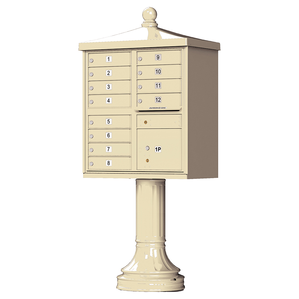 Beige pedestal-mounted cluster mailbox with 12 compartments and a parcel locker.