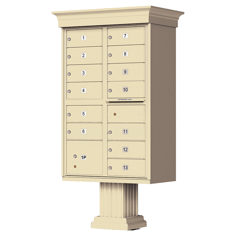 Beige multi-unit mailbox with numbered compartments on a pedestal base.