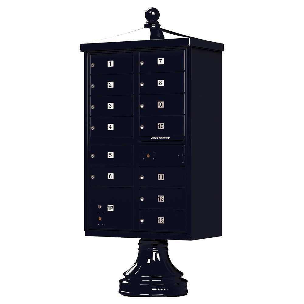 Black multi-unit mailbox on a pedestal with numbered compartments.