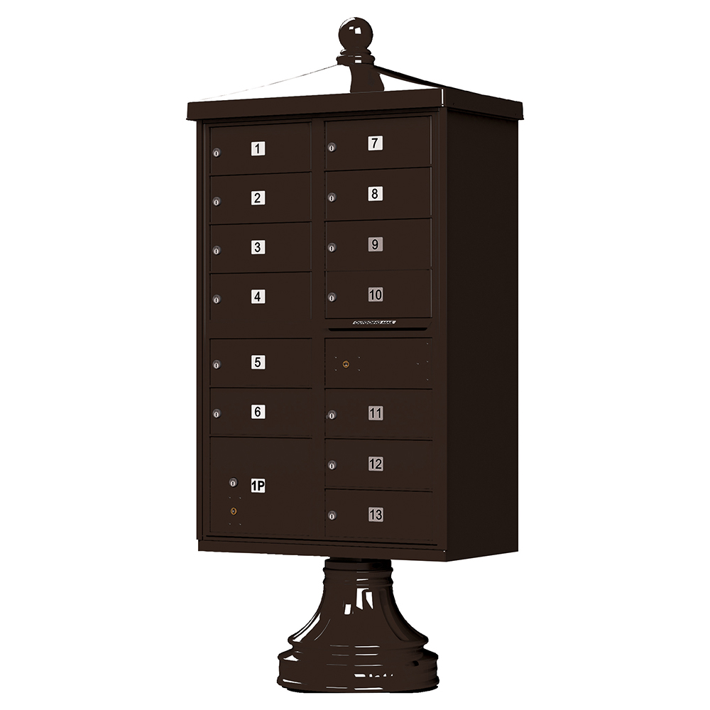 Dark brown multi-unit mailbox on a pedestal with numbered compartments.