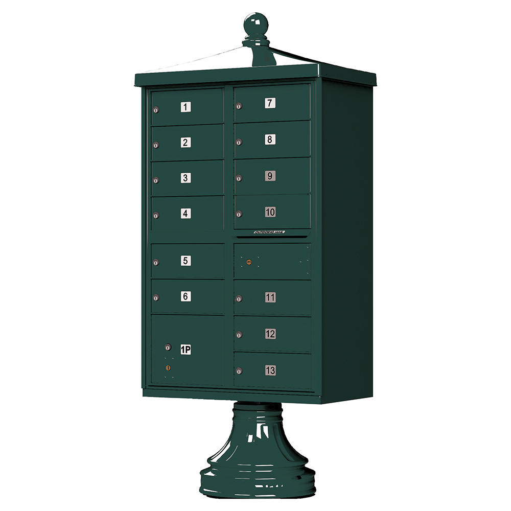 Green multi-unit mailbox on a pedestal with numbered compartments.