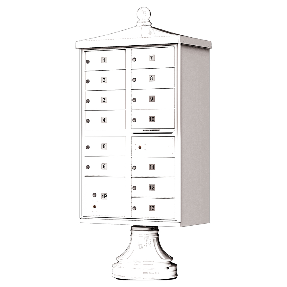 White multi-unit mailbox on a pedestal with numbered compartments and decorative top.