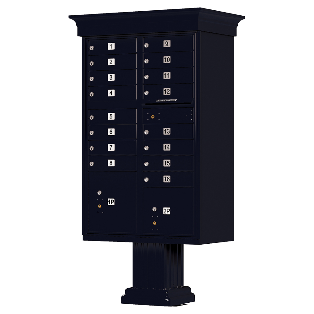 Black multi-unit mailbox with numbered compartments and pedestal base.