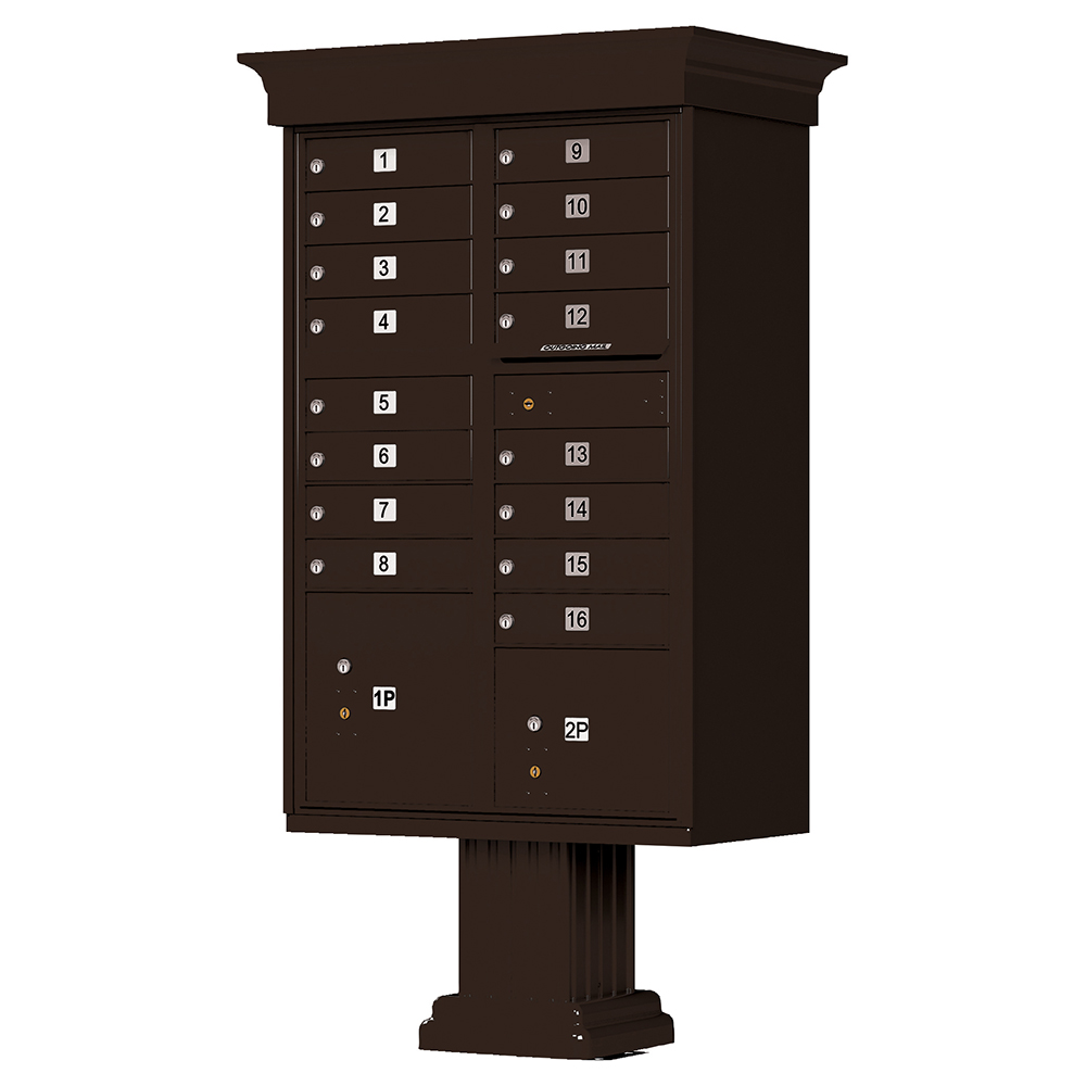 Dark brown freestanding mailbox unit with numbered compartments and pedestal base.