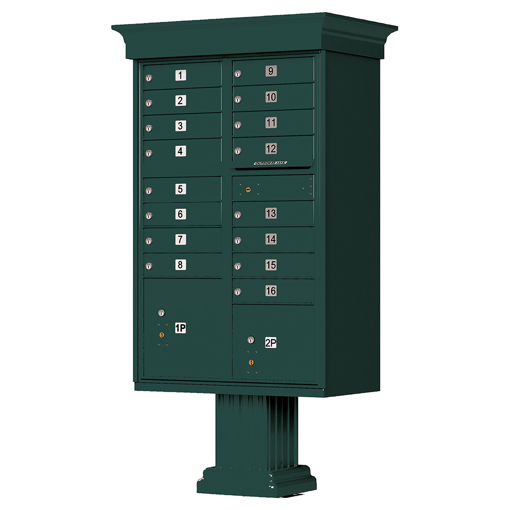 Green multi-unit mailbox with numbered compartments and pedestal base.