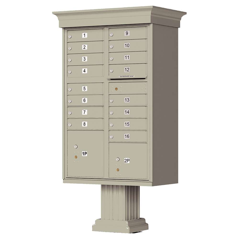 Freestanding beige mailbox unit with numbered compartments and pedestal base.