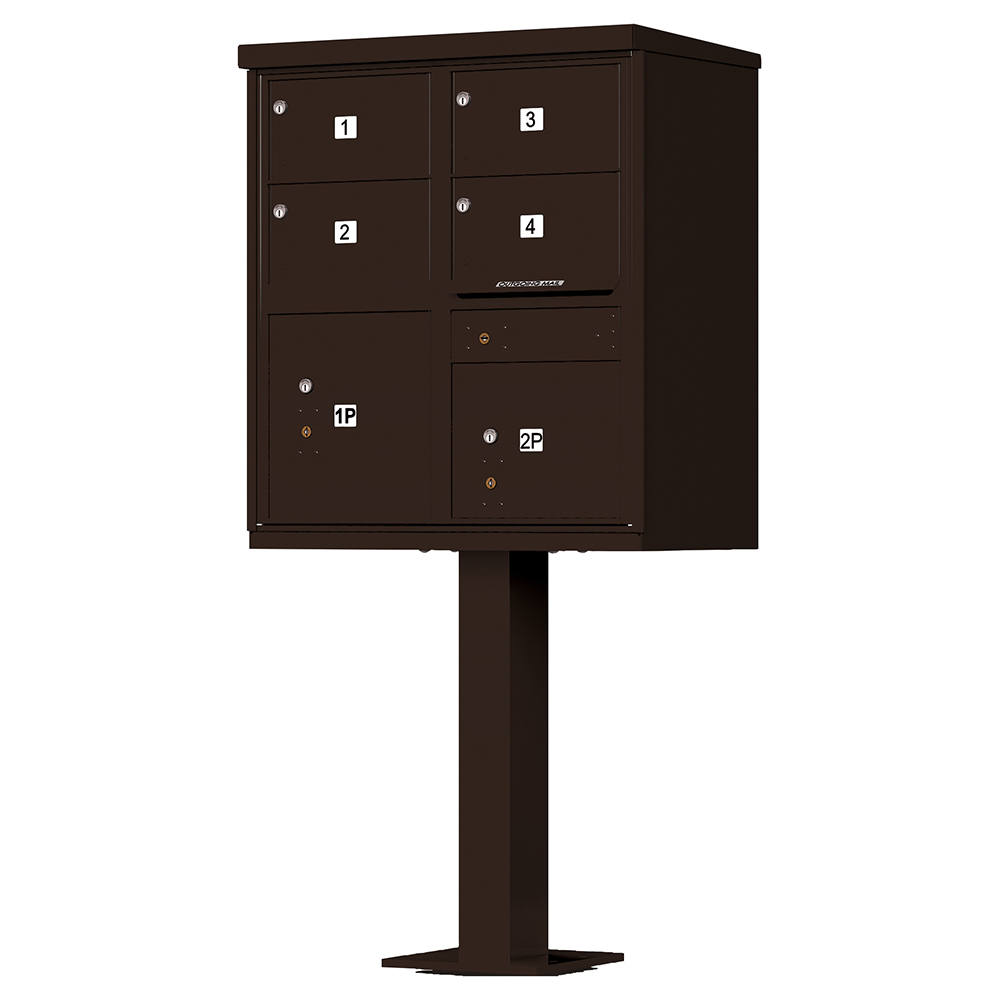 Brown multi-unit mailbox on a pedestal with numbered compartments.