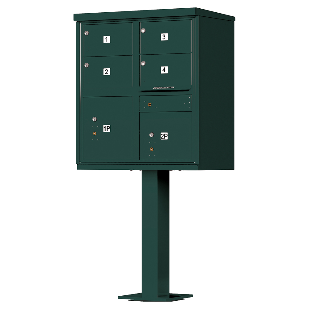 Green multi-unit mailbox on a pedestal with numbered compartments.