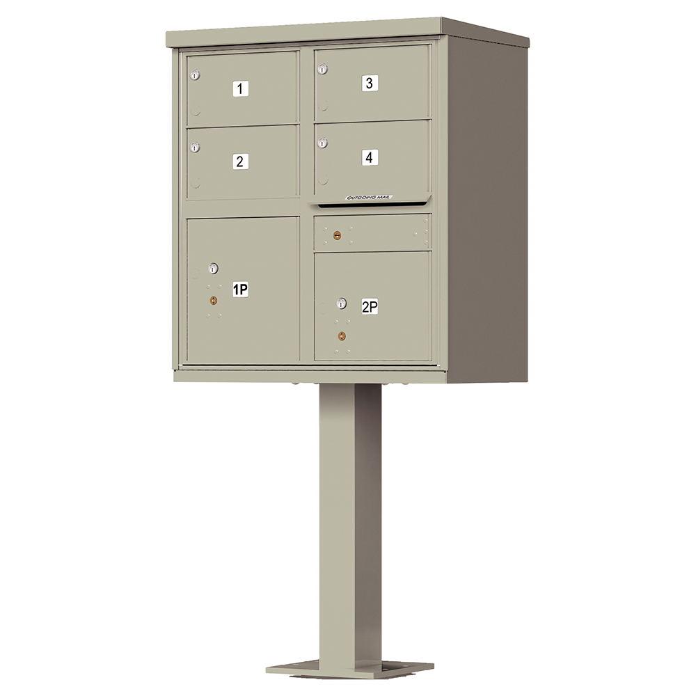 Tan metal cluster mailbox with four compartments and two parcel lockers on a pedestal stand.