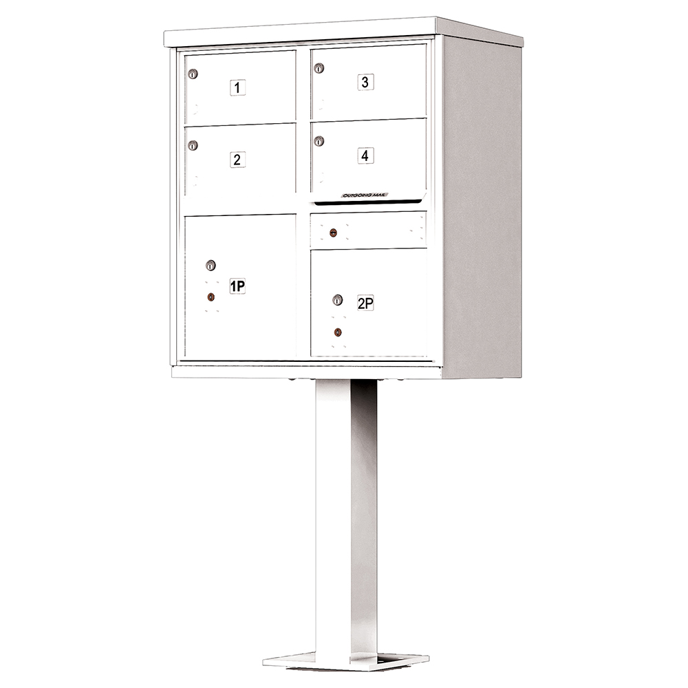 White multi-unit mailbox on a pedestal with numbered compartments.