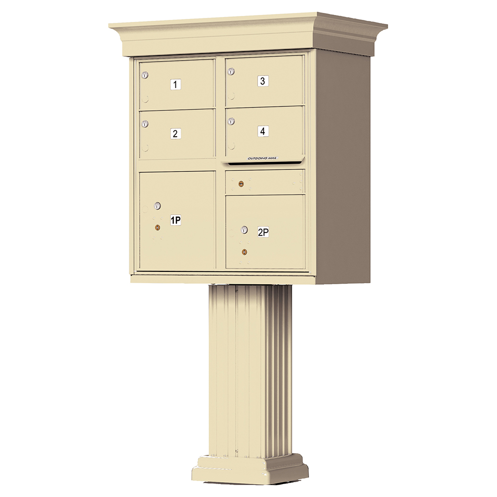 Beige multi-unit mailbox on a pedestal with numbered compartments.
