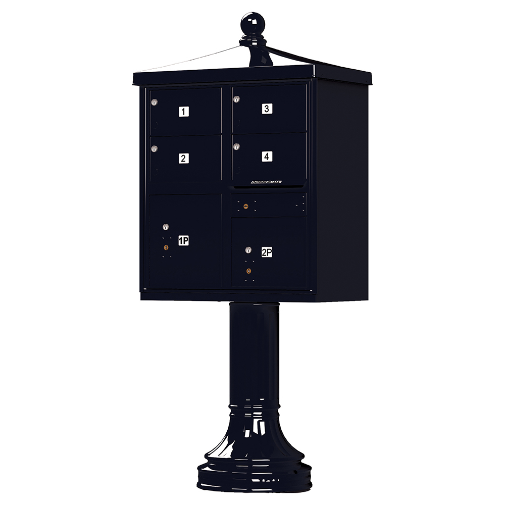 Black multi-unit mailbox on a pedestal with numbered compartments.