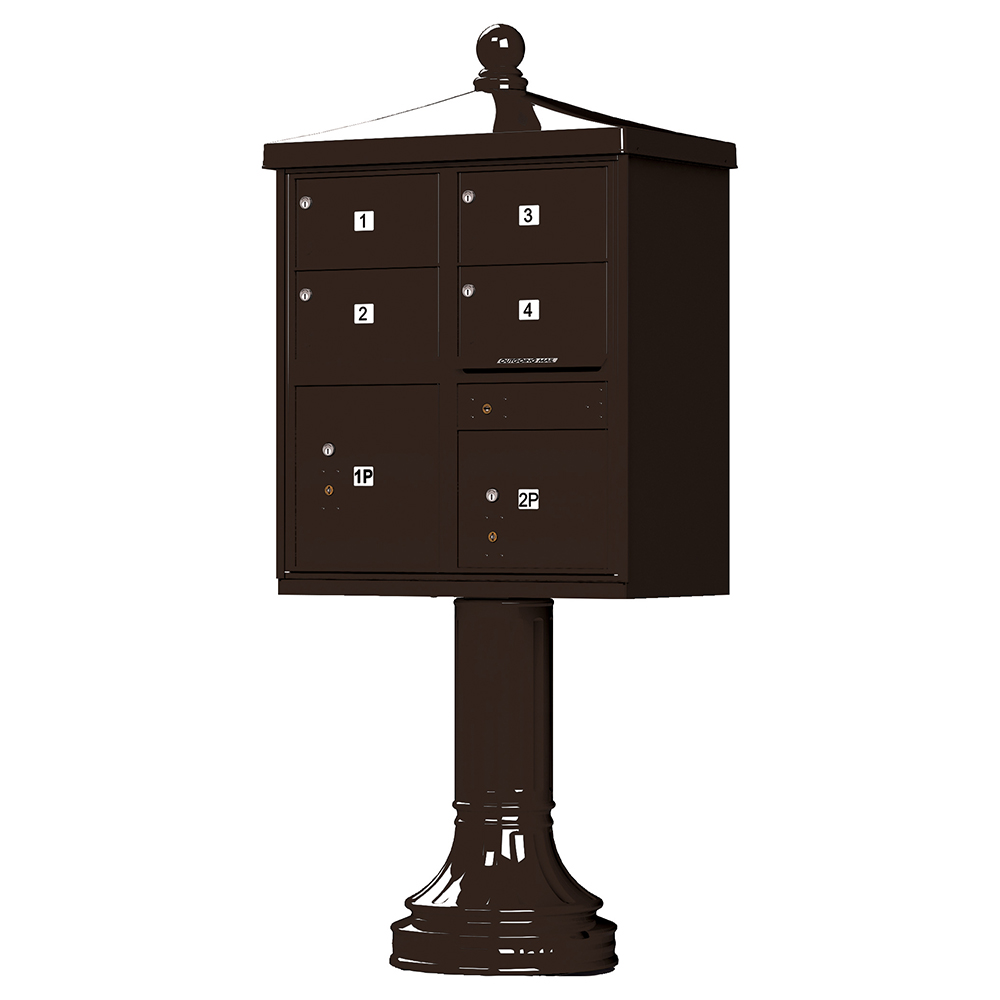Dark brown multi-unit mailbox on a pedestal with numbered compartments.