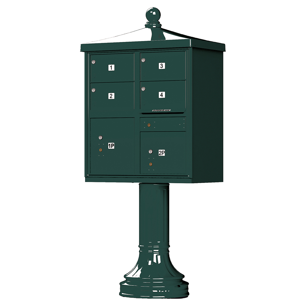 Green multi-unit mailbox on a pedestal with numbered compartments.