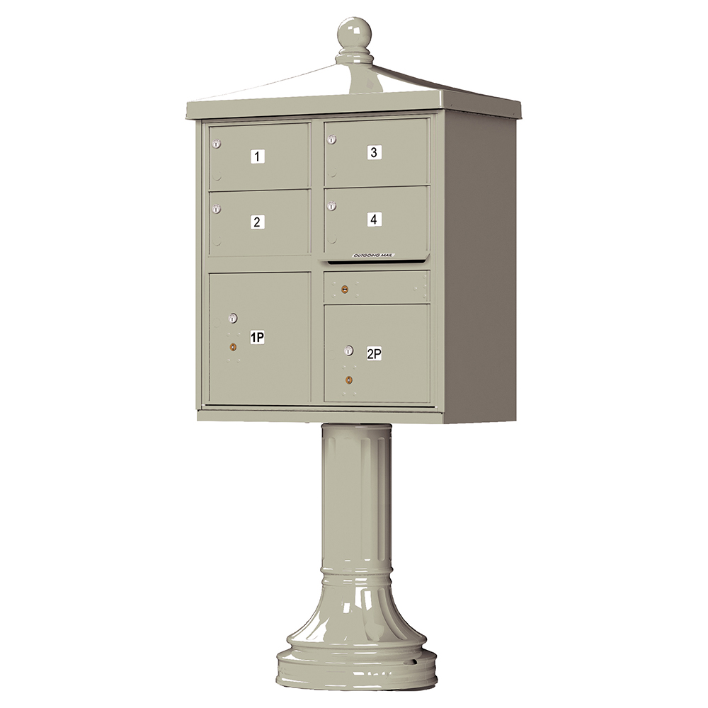 Beige pedestal-mounted cluster mailbox with numbered compartments.