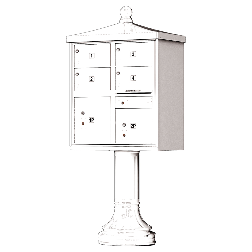 White pedestal-mounted mailbox with multiple compartments and numbered doors.