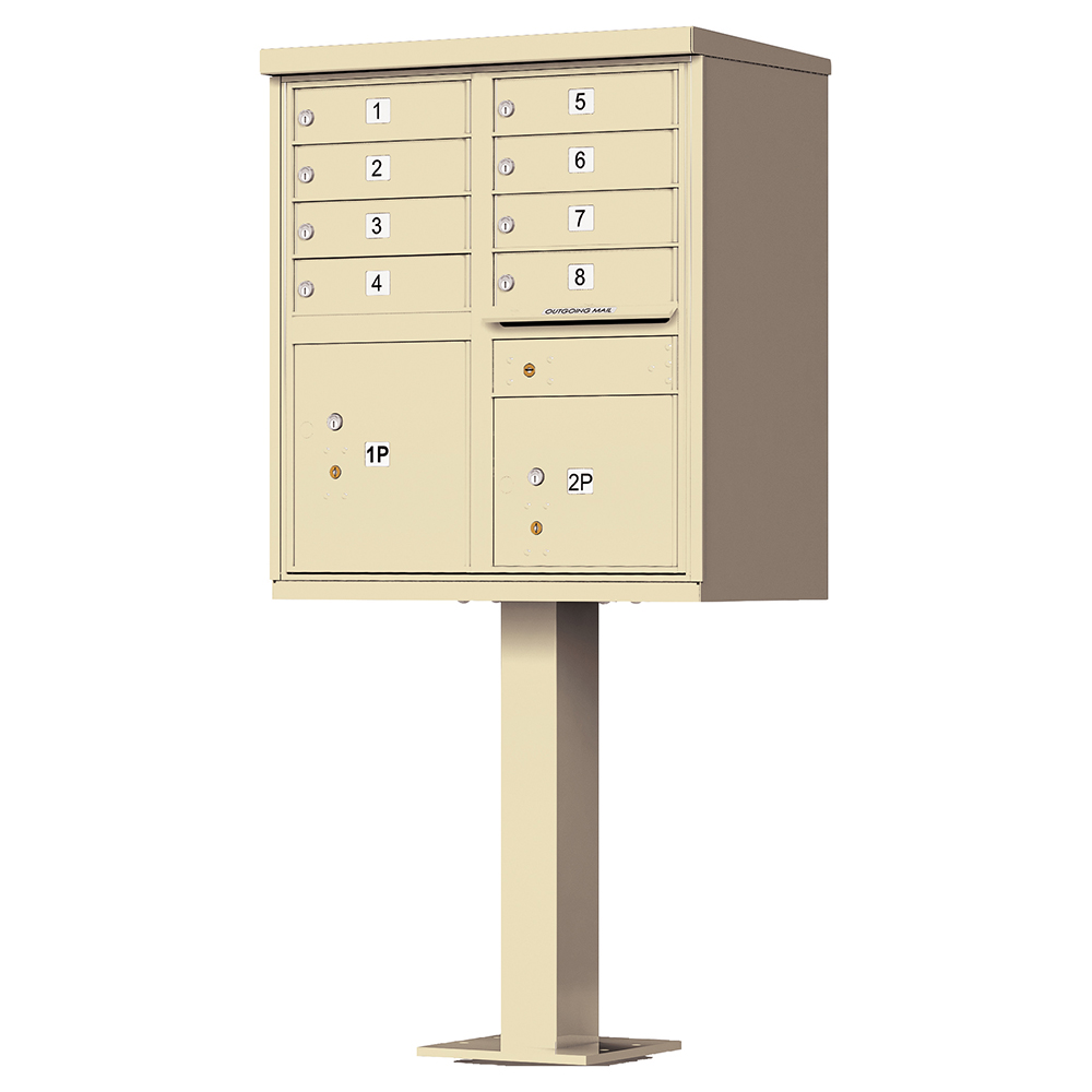 Beige multi-unit mailbox on a pedestal with numbered compartments and parcel lockers.