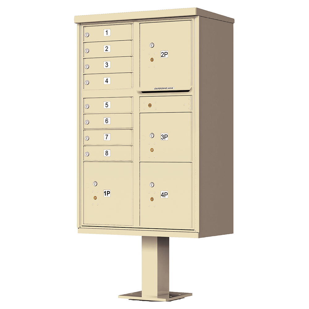 Tan metal cluster mailbox with numbered compartments and pedestal base.