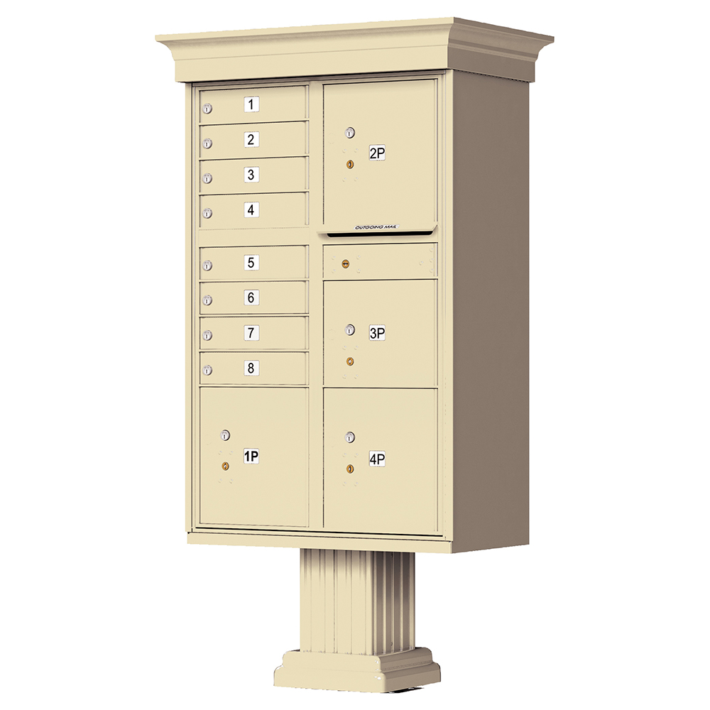 Beige multi-unit mailbox on pedestal with numbered compartments and outgoing mail slot.
