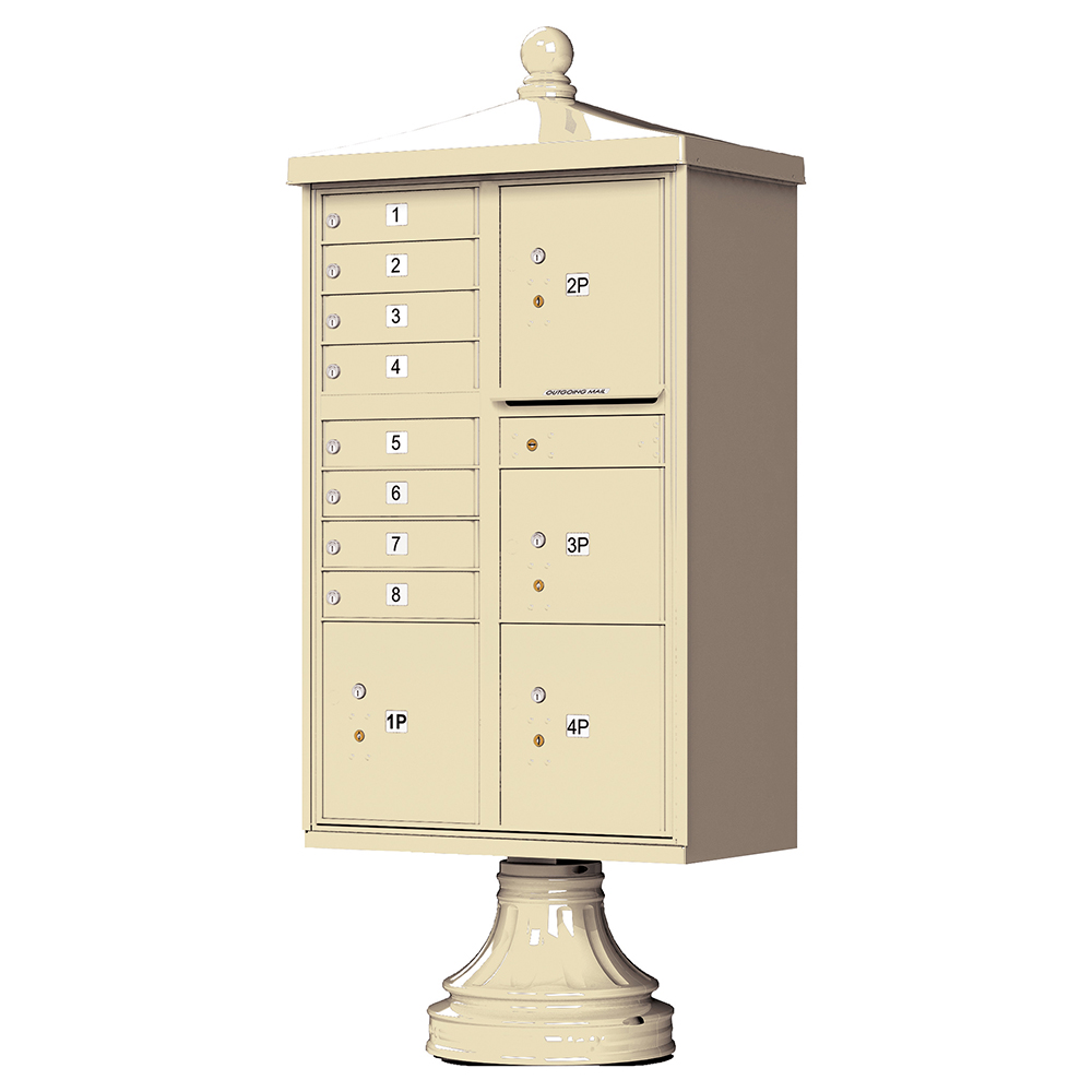 Beige pedestal-mounted cluster mailbox with multiple compartments and numbered doors.