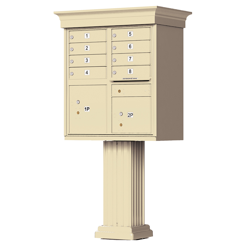 Beige outdoor mailbox unit with eight compartments and two parcel lockers on a pedestal.